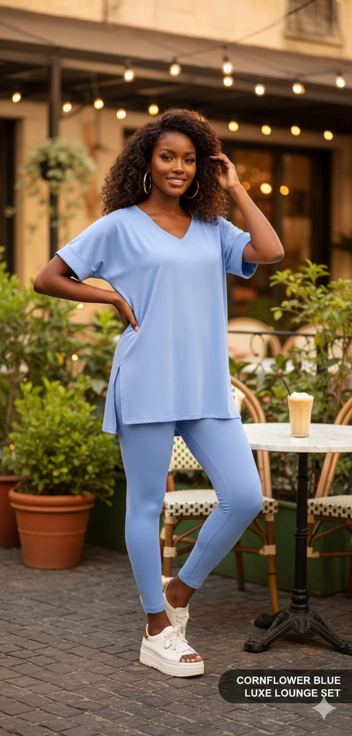 Cornflower Blue V-neck Comfy Leggings Set
