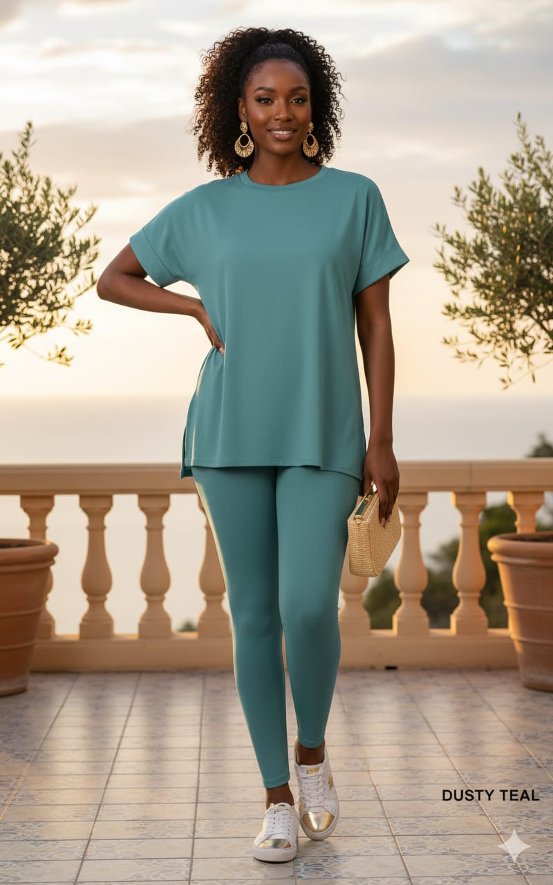 Dusty Teal Crew-neck Comfy Leggings Set