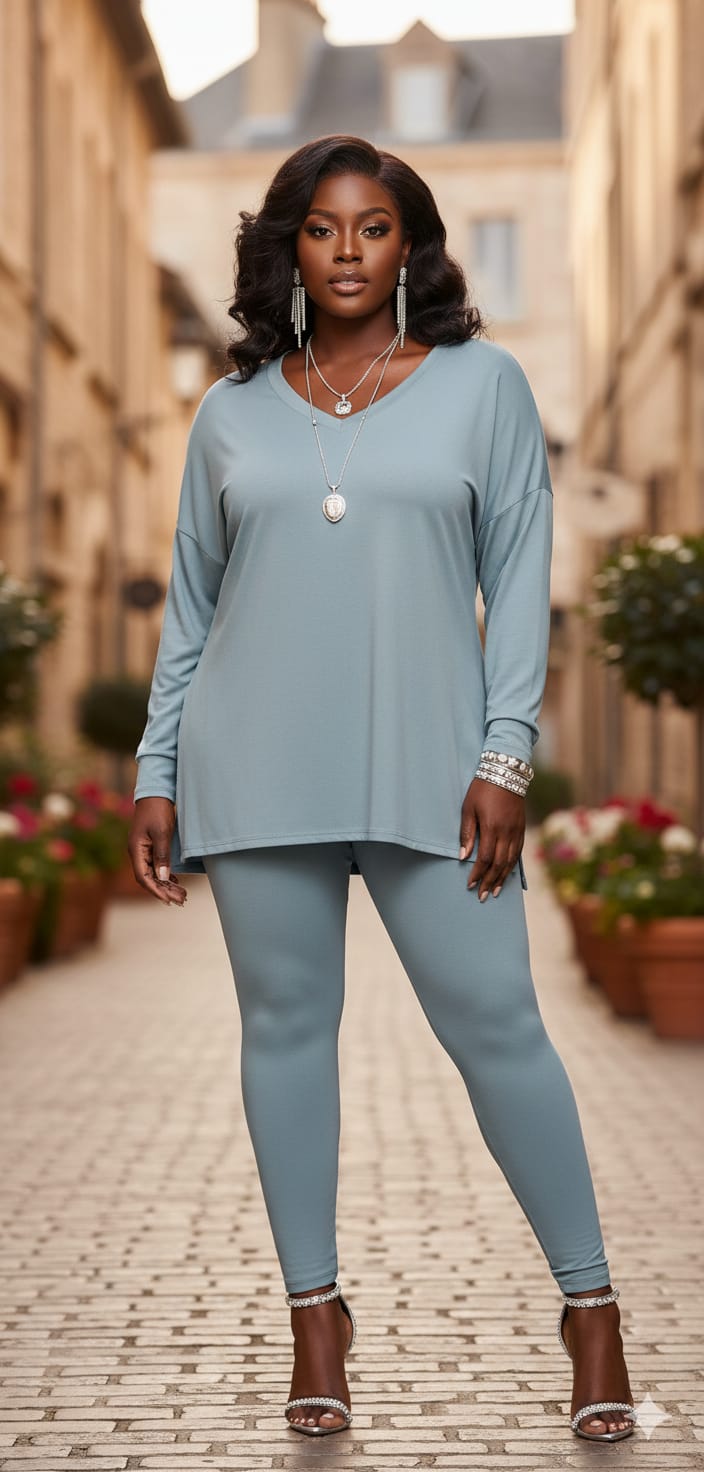 Blue Grey Long Sleeve V-neck Comfy Leggings Set