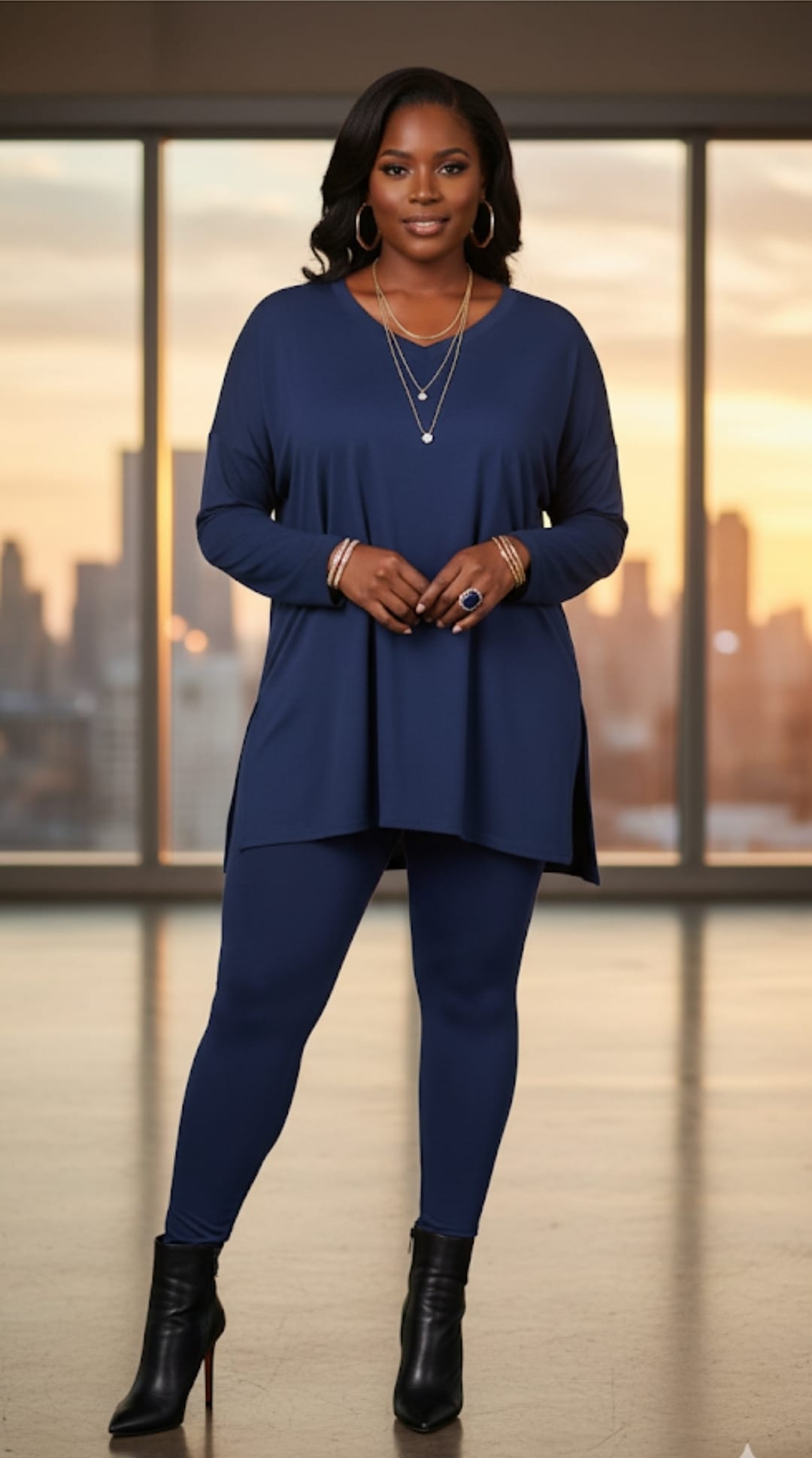 Lt Navy Long Sleeve V-neck Comfy Leggings Set