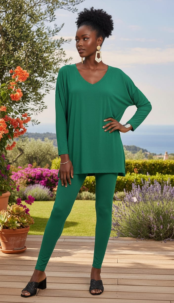 Hunter Green Long Sleeve V-neck Comfy Leggings Set