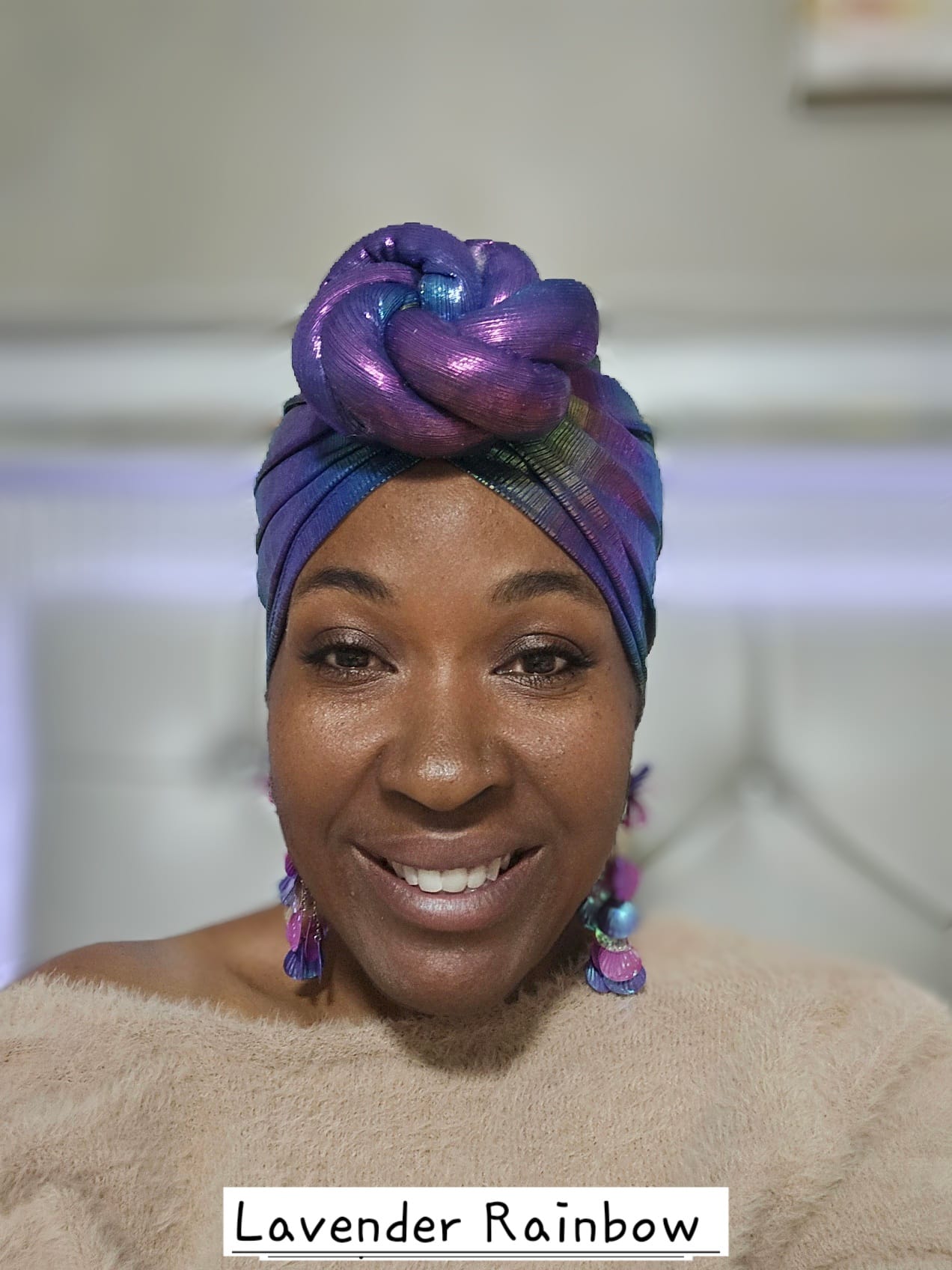 Slip-On Top Knot Turban Lavender Rainbow