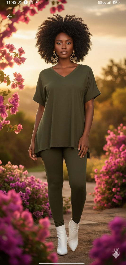 Dark Olive V-neck Comfy Leggings Set