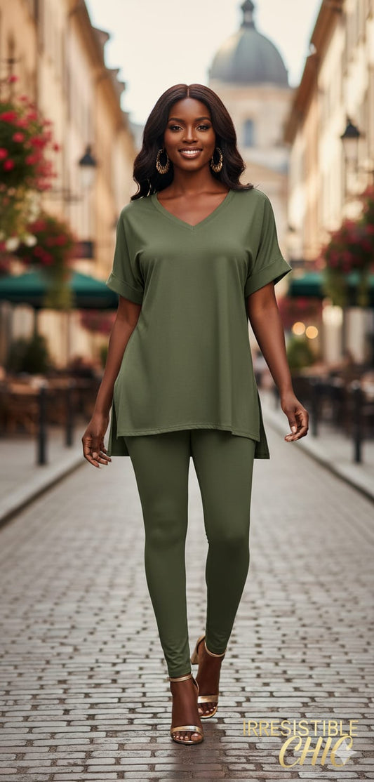 Army  Green V-neck Comfy Leggings Set