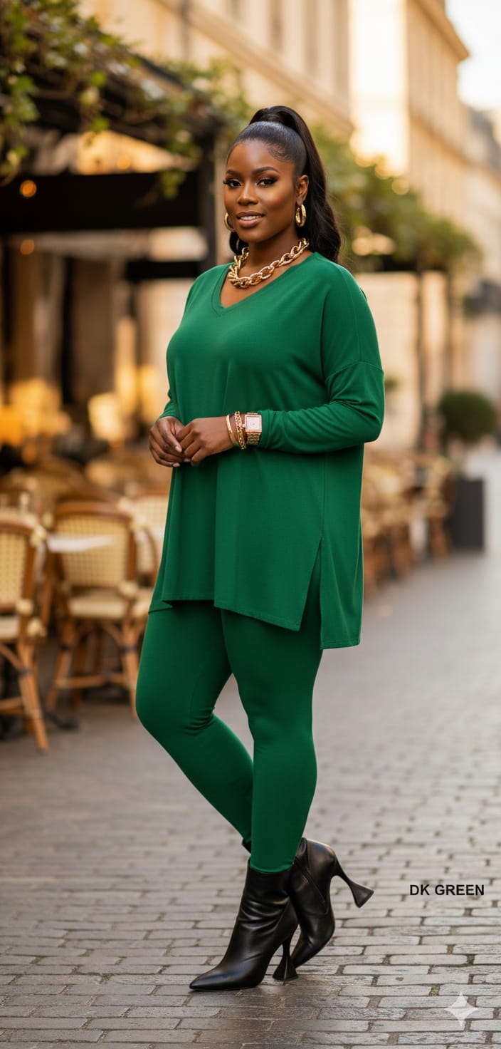 Dk Green long Sleeve V-neck Comfy Leggings Set