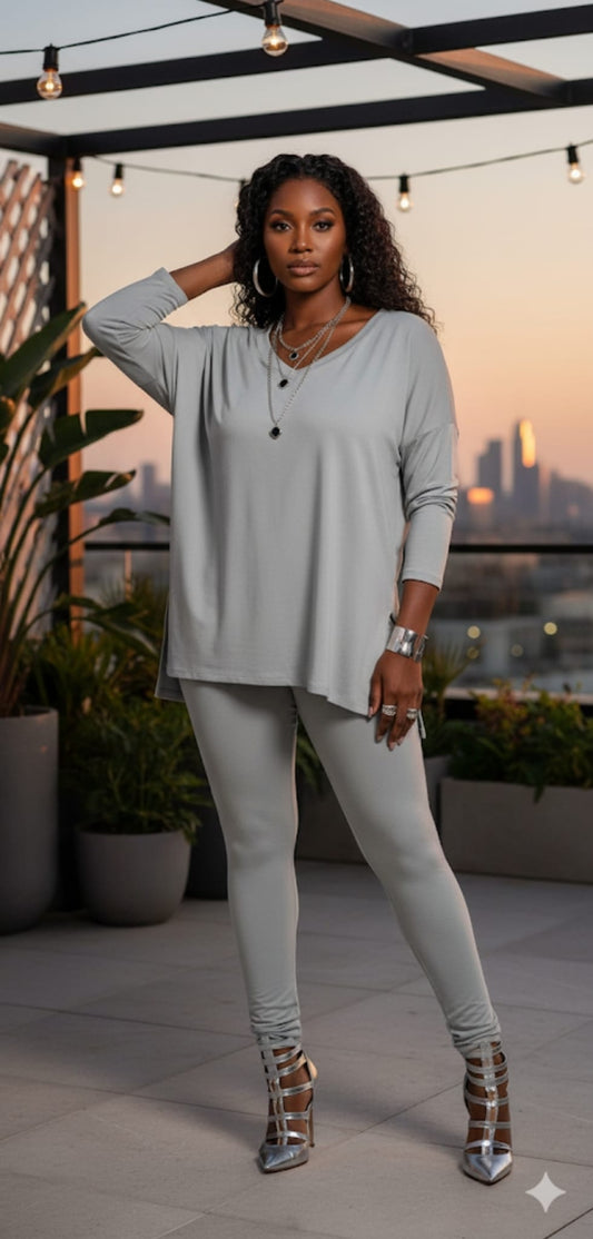 Lt Grey Long Sleeve V-neck Comfy Leggings Set