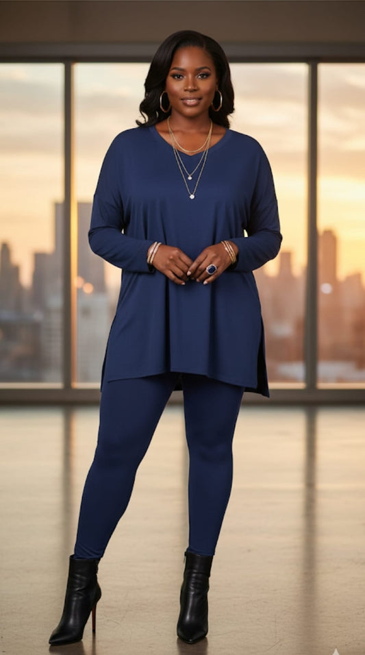 Lt Navy Long Sleeve V-neck Comfy Leggings Set