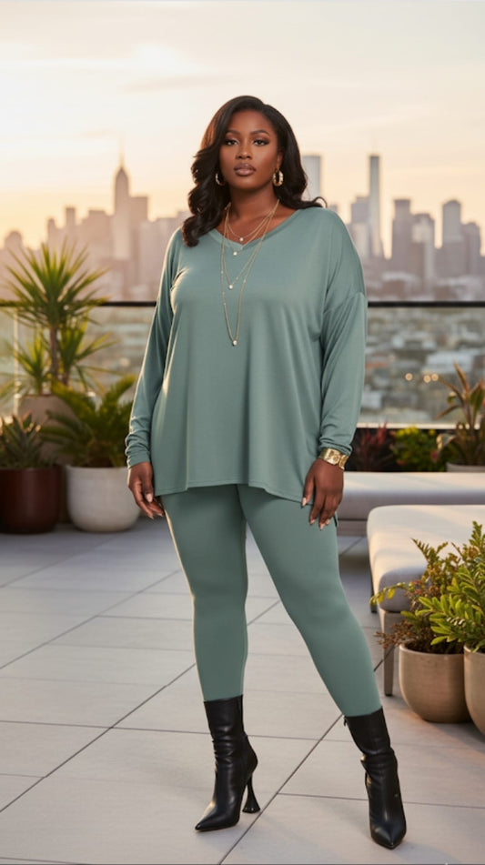 Ash Jade Long Sleeve V-neck Comfy Leggings Set