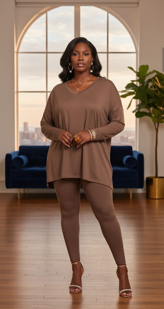 Brown Long Sleeve V-neck Comfy Leggings Set