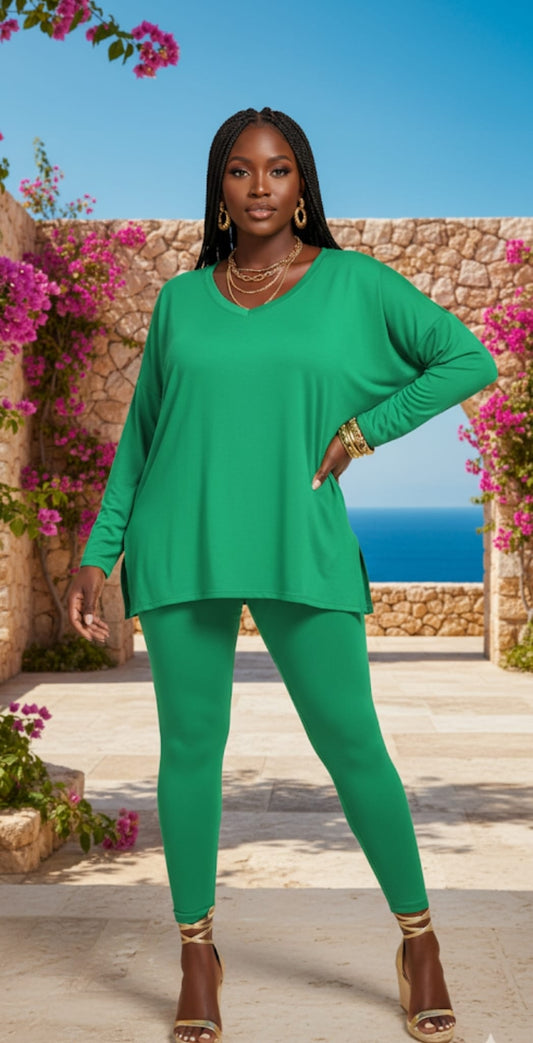 Kelly Green Long Sleeve V-neck Comfy Leggings Set
