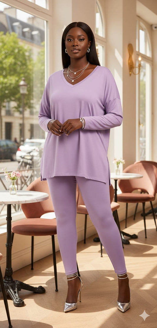 Lavender Long Sleeve V-neck Comfy Leggings Set